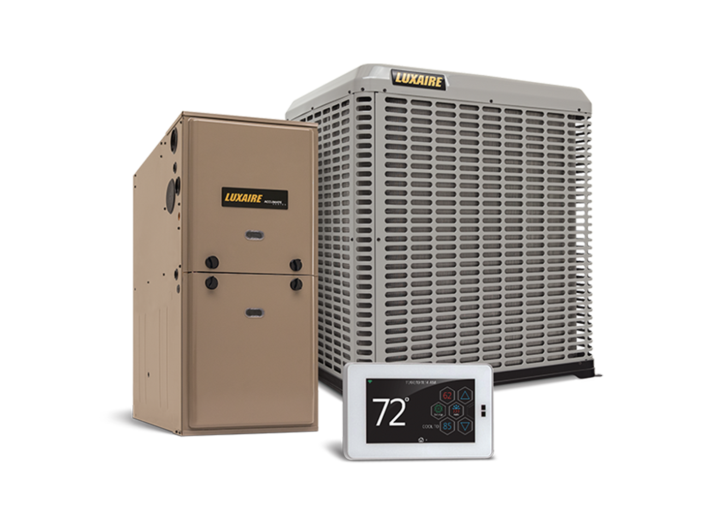 Luxaire HVAC devices with a thermostat on a white background